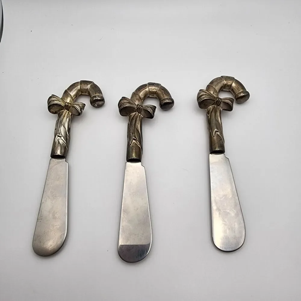 Stainless Steel & Silver Plated Set of 3 Candy Cane Condiment Spreaders